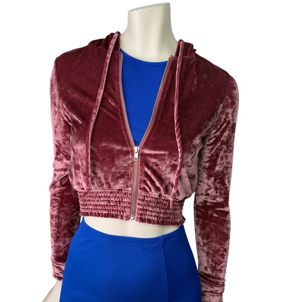 Limited Edition Velvet Zip Up Hoodie Cropped Smocked Mauve Plum Y2K Streetwear S